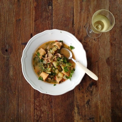 Squid, sorrel and potato soup